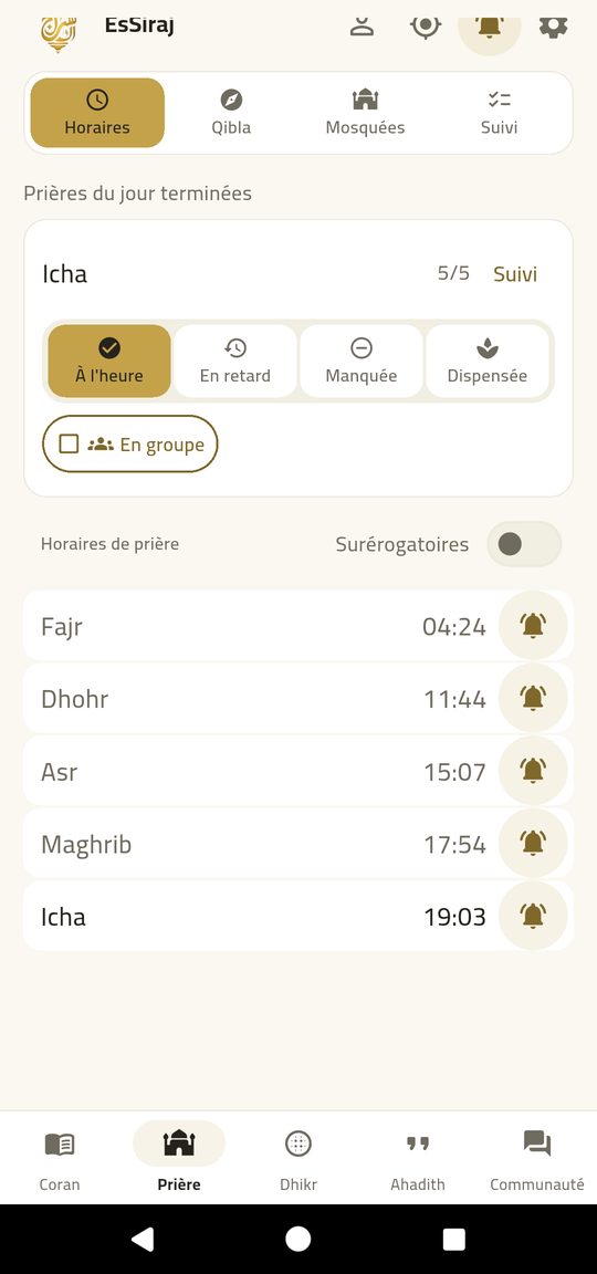 Sunna et surérogatoires — Chaque prière, avec ce qui la précède et la suit.