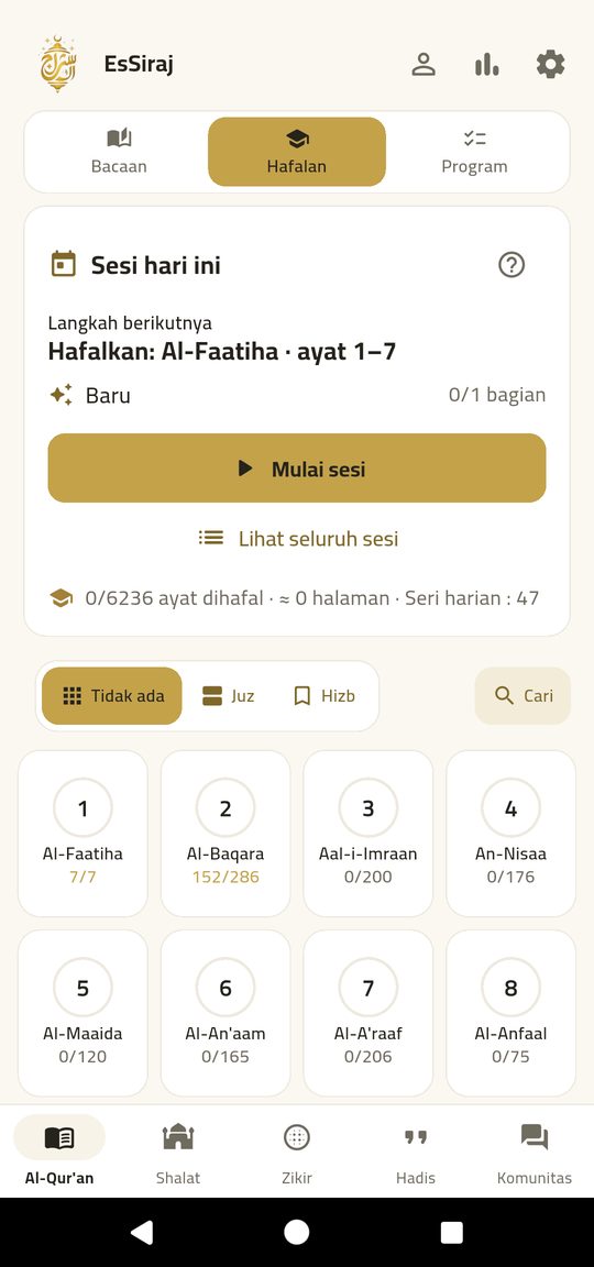 Hafalan — Hafalkan ayat demi ayat dengan tajwid dan terjemahan.