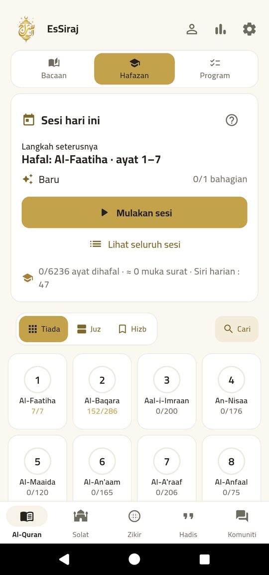 Hafazan — Hafal ayat demi ayat dengan tajwid dan terjemahan.