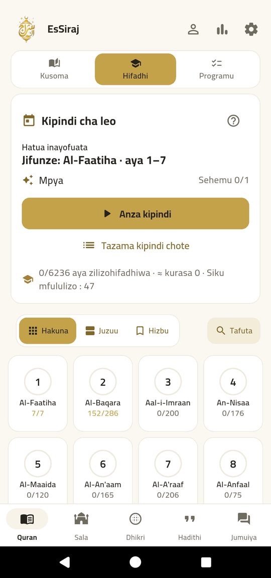 Kuhifadhi — Hifadhi aya kwa aya pamoja na tajwidi na tafsiri.