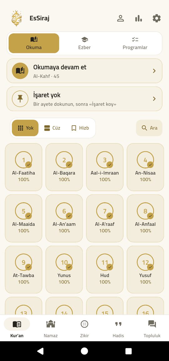 Okuma ana ekranı — Kur'ân'ın tamamı, okumaya hazır — çevrimdışı.