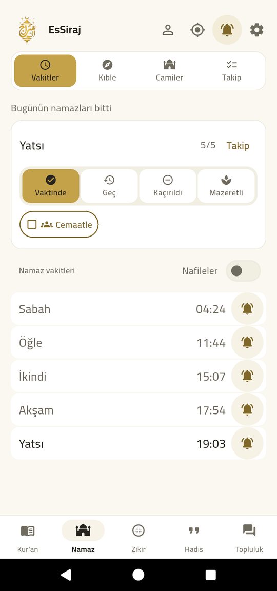 Namaz vakitleri — Beş vakit, caminiz, hicrî tarih.